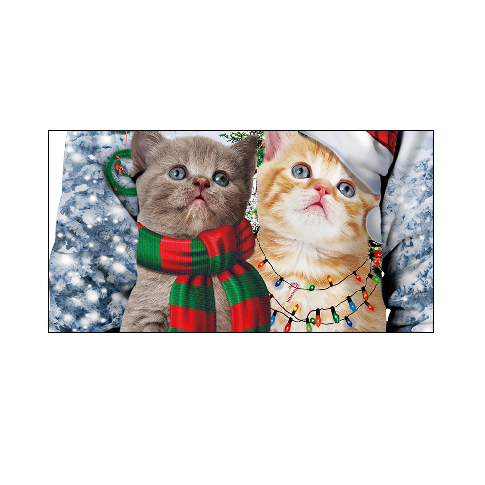 Cat Christmas Digital Printing Round-neck Pullover