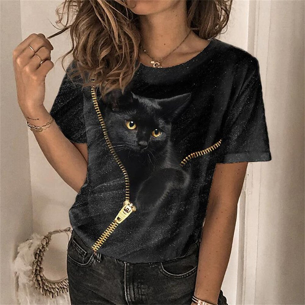 Cat Digital Print Short Sleeve T-shirt