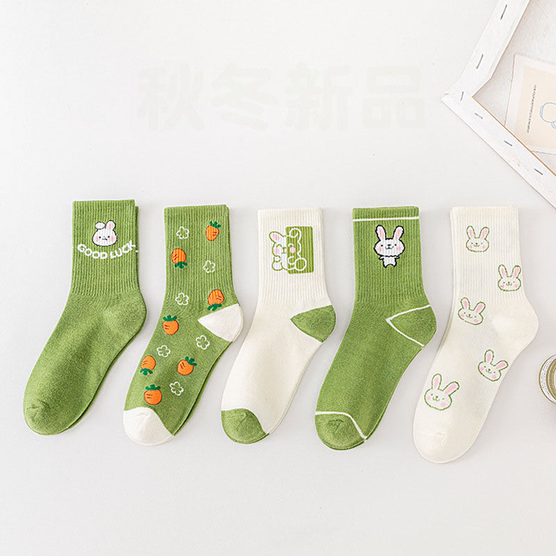 Cartoon Rabbit Carrot Green Women Socks