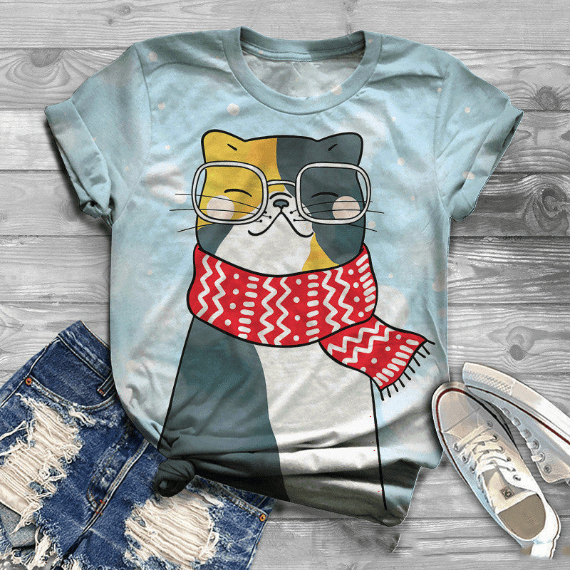 Digital Printing 3DT Shirt Cat Pet Cute Short Sleeve