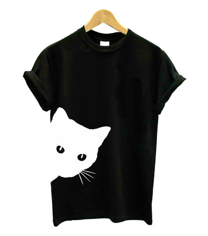 Cat pattern print round neck slim short-sleeved T-shirt