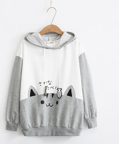 Cute cat stitching hooded sweater