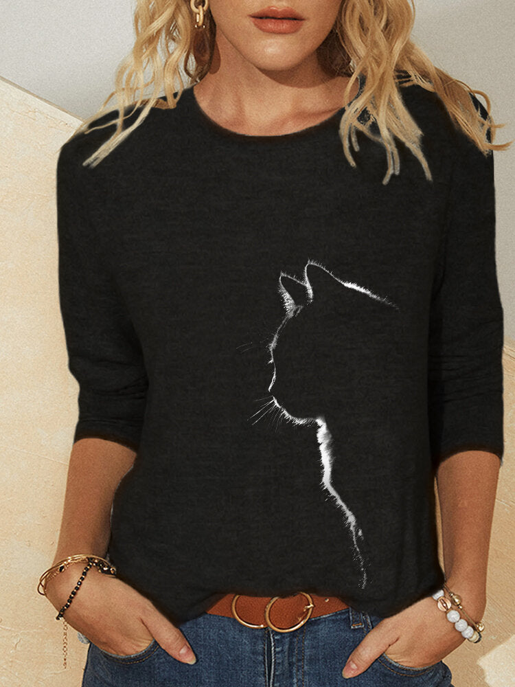 Cat print long sleeve round neck T-shirt