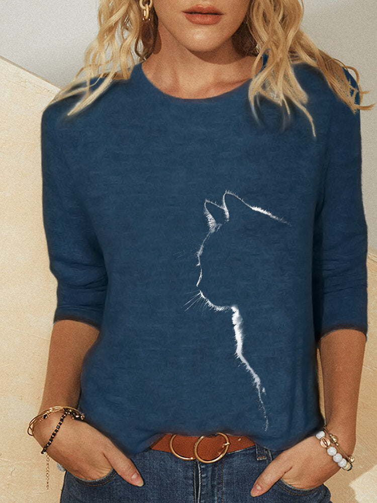 Cat print long sleeve round neck T-shirt