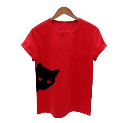 Cat pattern print round neck slim short-sleeved T-shirt