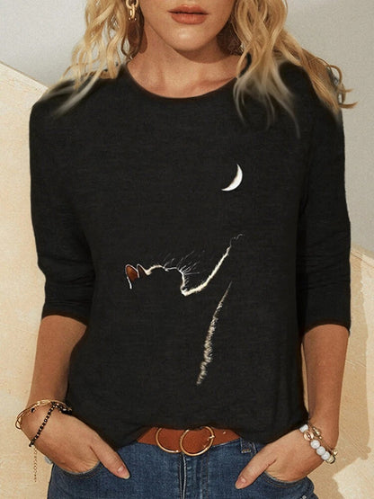 Cat print long sleeve round neck T-shirt