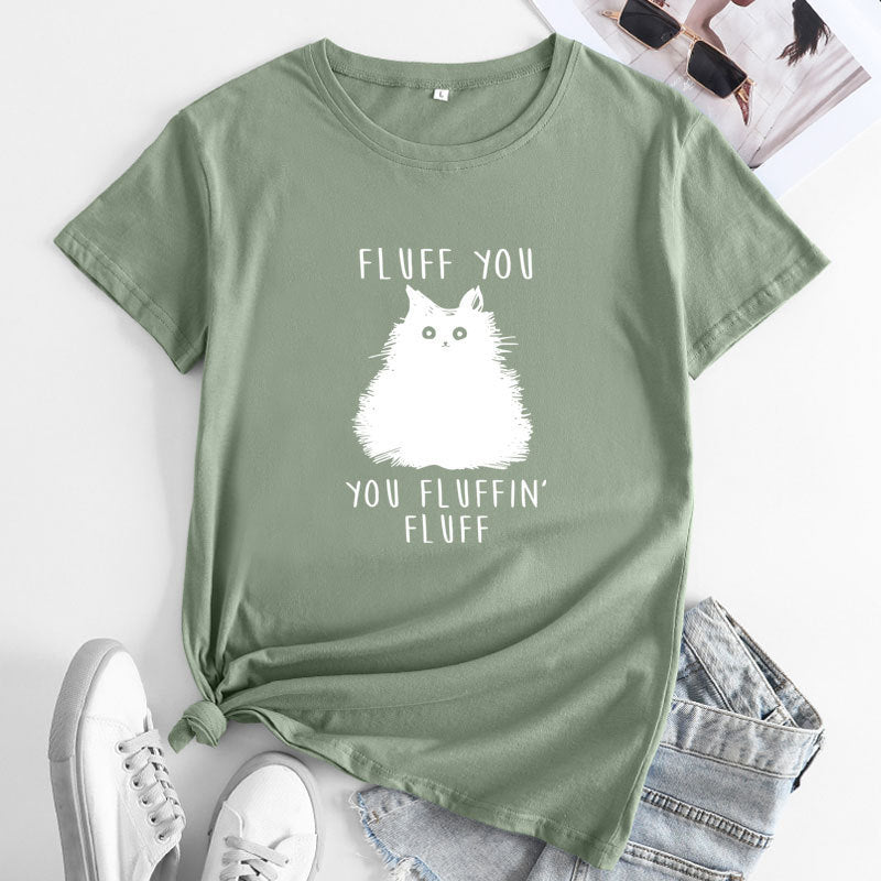 Large Size Cat Letter Printed Cotton Round Neck Short Sleeve T-shirt For Women