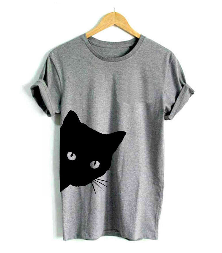 Cat pattern print round neck slim short-sleeved T-shirt