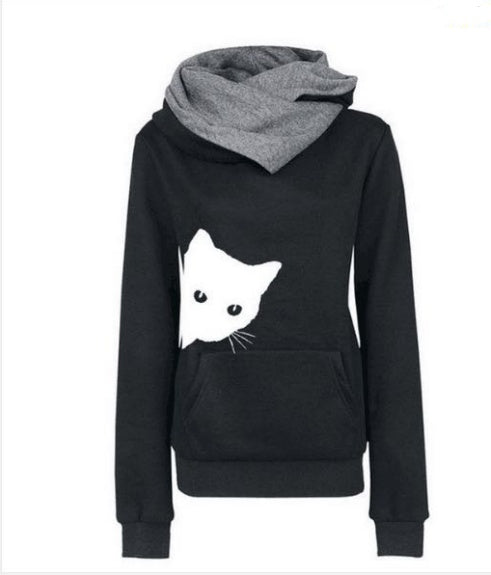 Ms. Cat Print Pocket Hooded Long Sleeve Fleece Sweater 4 Color Spot S-3XL