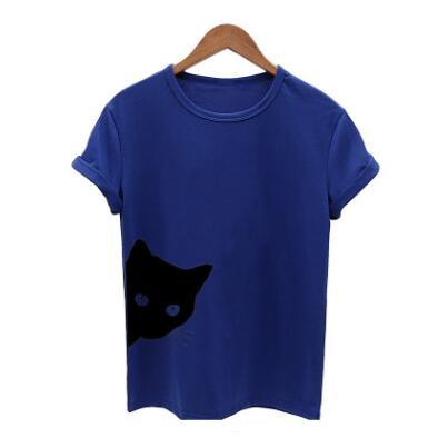 Cat pattern print round neck slim short-sleeved T-shirt