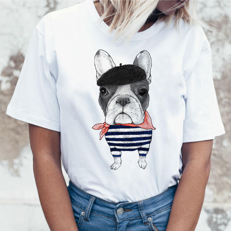 Cartoon Animal Cat And Dog Print Slim Round Neck Street Trendy Women&