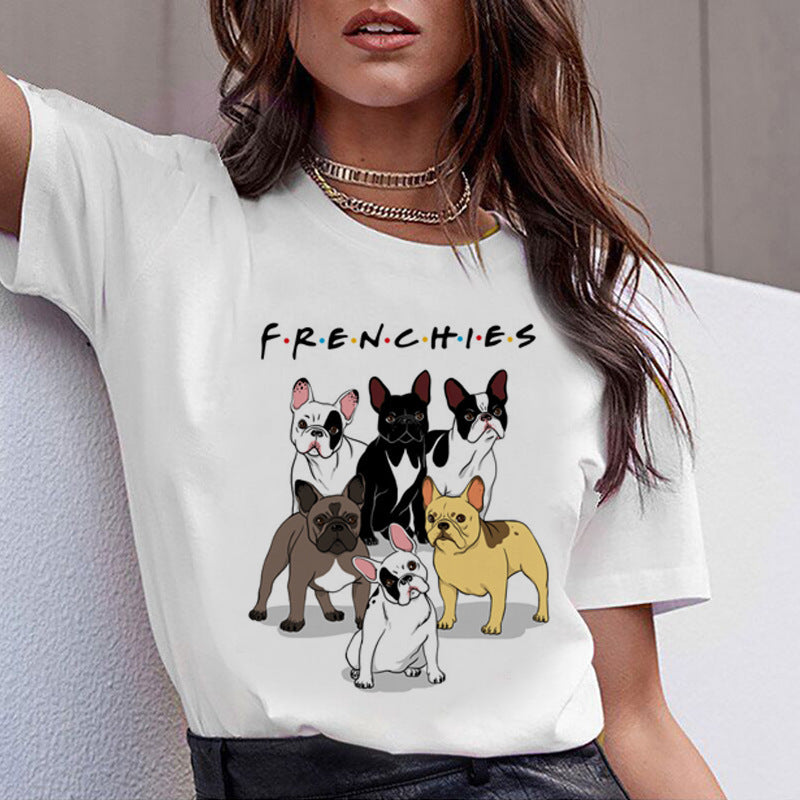 Cartoon Animal Cat And Dog Print Slim Round Neck Street Trendy Women&