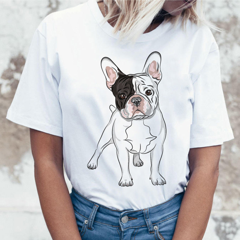 Cartoon Animal Cat And Dog Print Slim Round Neck Street Trendy Women&