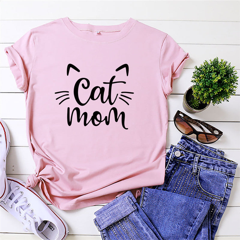 CAT MOM Printed Short-sleeved Cotton T-shirt