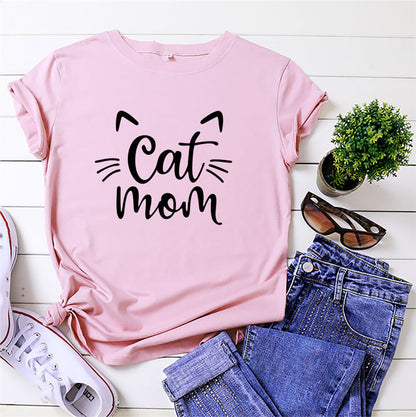 CAT MOM Printed Short-sleeved Cotton T-shirt