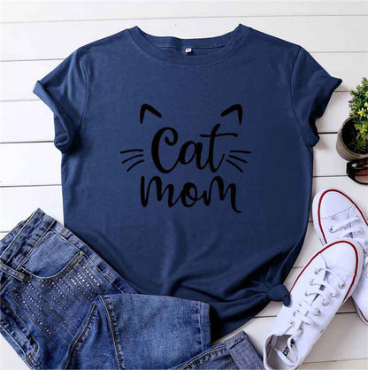 CAT MOM Printed Short-sleeved Cotton T-shirt