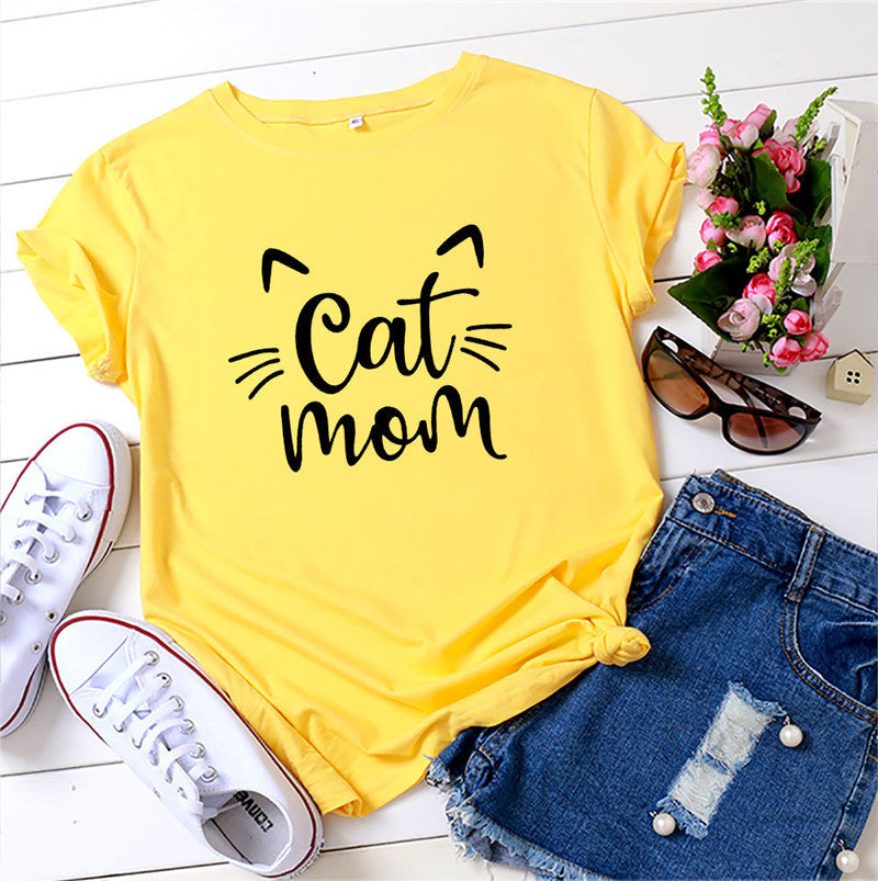 CAT MOM Printed Short-sleeved Cotton T-shirt