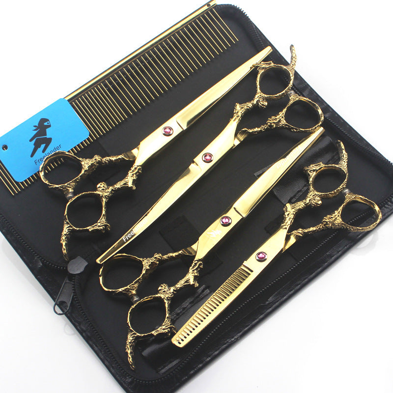 7.0 Inch Golden Dragon Handle 4 Pack Pet Grooming Scissors, Straight Cut And Curved Scissors Set, Free Comb