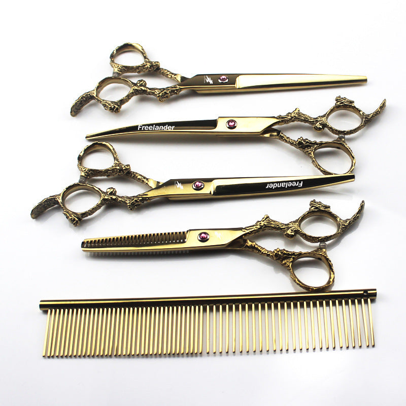 7.0 Inch Golden Dragon Handle 4 Pack Pet Grooming Scissors, Straight Cut And Curved Scissors Set, Free Comb