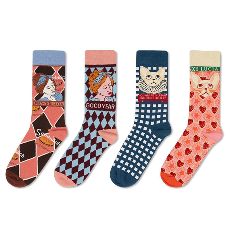 Retro Illustration Cute Plaid Cartoon Socks Sports Cotton Socks In Tube Socks