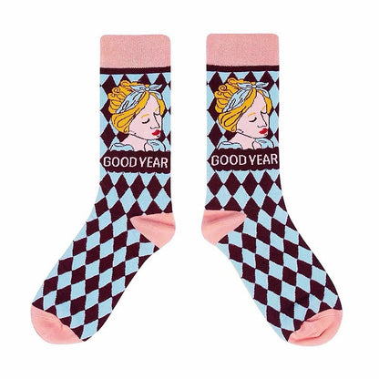 Retro Illustration Cute Plaid Cartoon Socks Sports Cotton Socks In Tube Socks