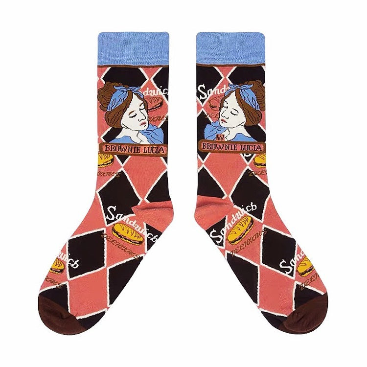 Retro Illustration Cute Plaid Cartoon Socks Sports Cotton Socks In Tube Socks