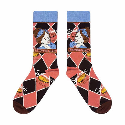 Retro Illustration Cute Plaid Cartoon Socks Sports Cotton Socks In Tube Socks