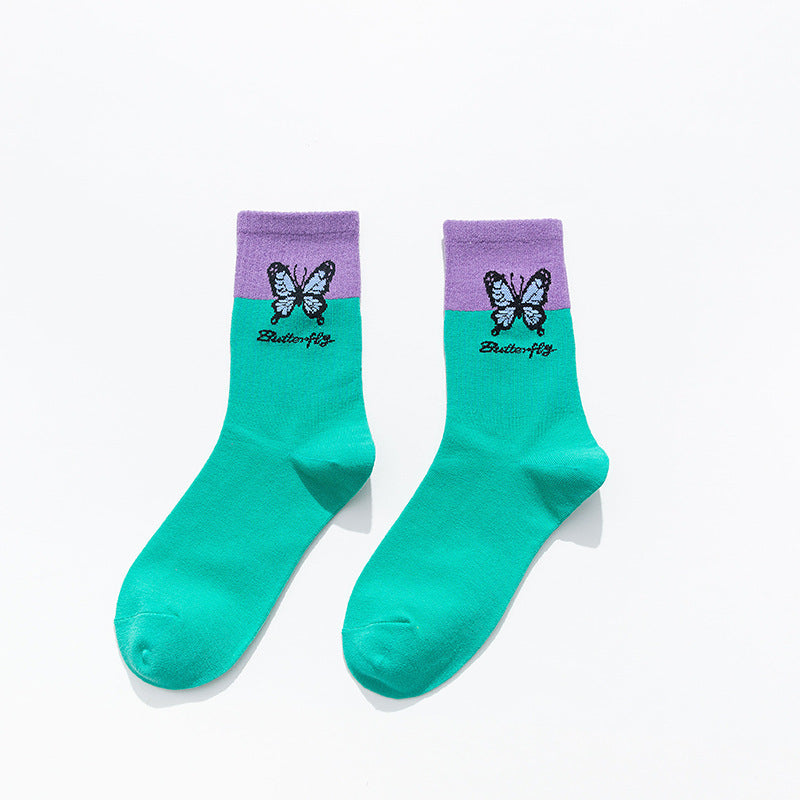 Butterfly Color Matching Socks, Tube Socks, Autumn And Winter Cotton Socks, Korean Style Socks, Student Stockings