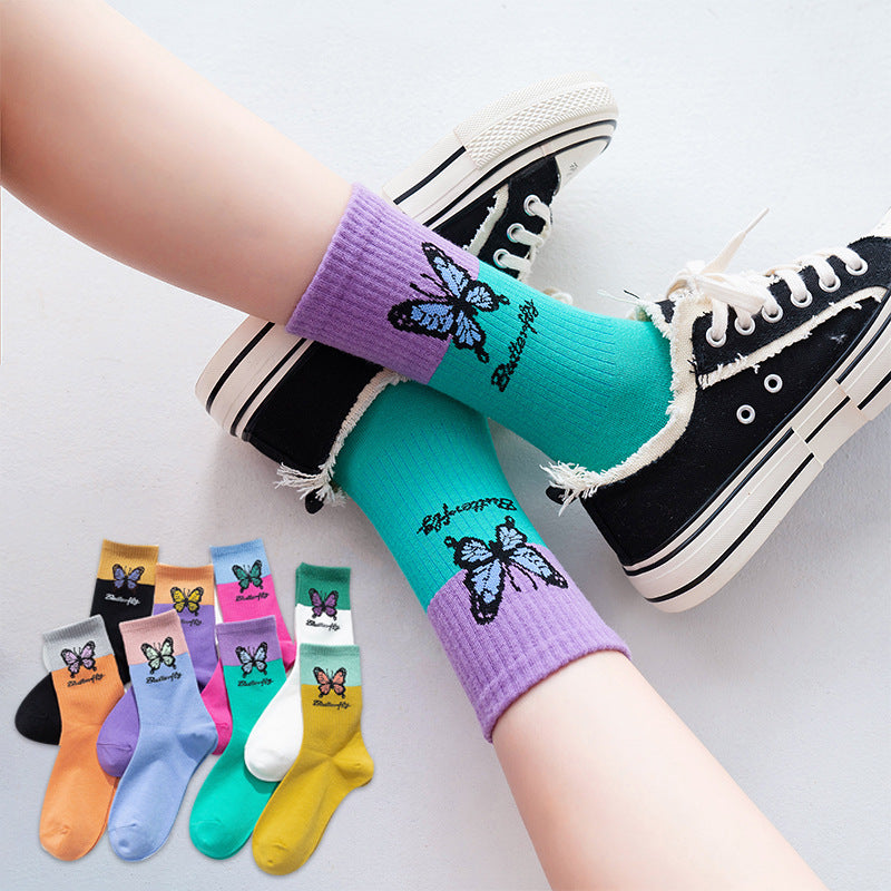 Butterfly Color Matching Socks, Tube Socks, Autumn And Winter Cotton Socks, Korean Style Socks, Student Stockings