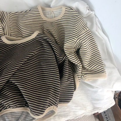 Boys And Girls T-Shirts With Striped Round Neck And Inner Bottoming Shirt Pullover Loose Loose