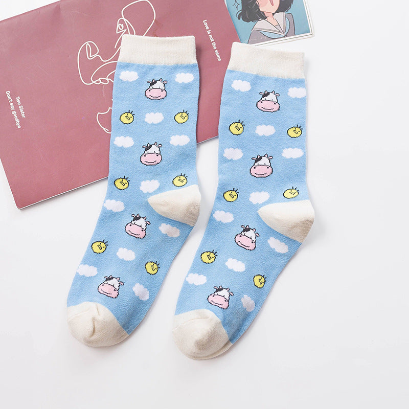 Cute Girl Strawberry Cow Cartoon Socks