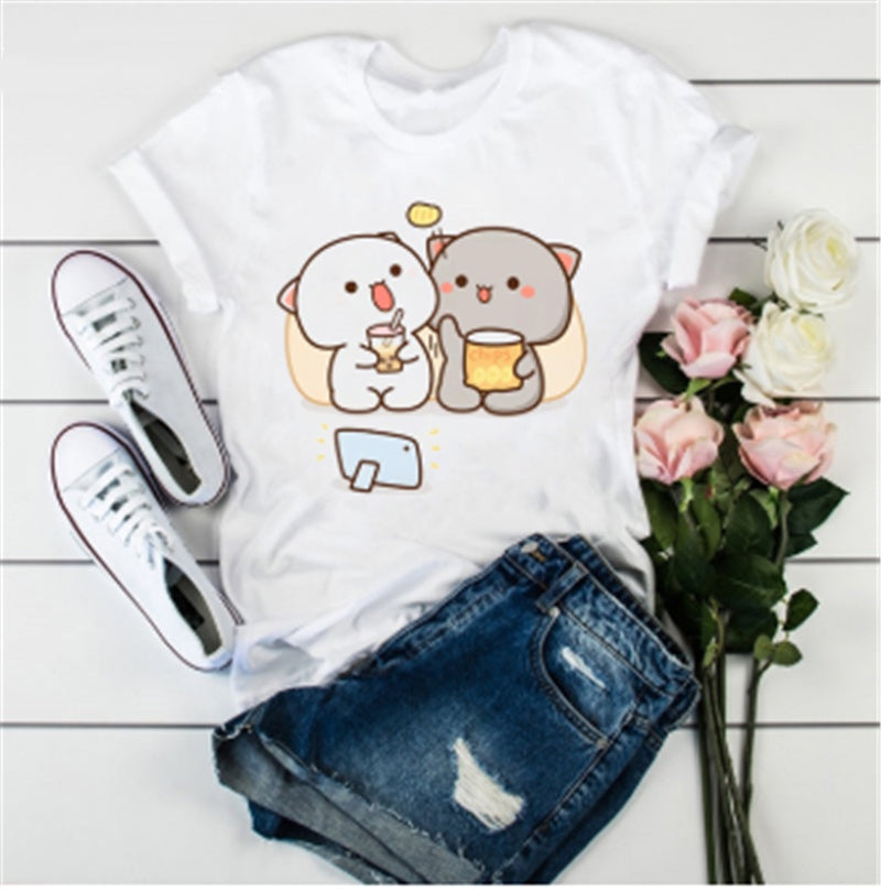 Cute Cat Cartoon Print Loose Casual Student T-shirt