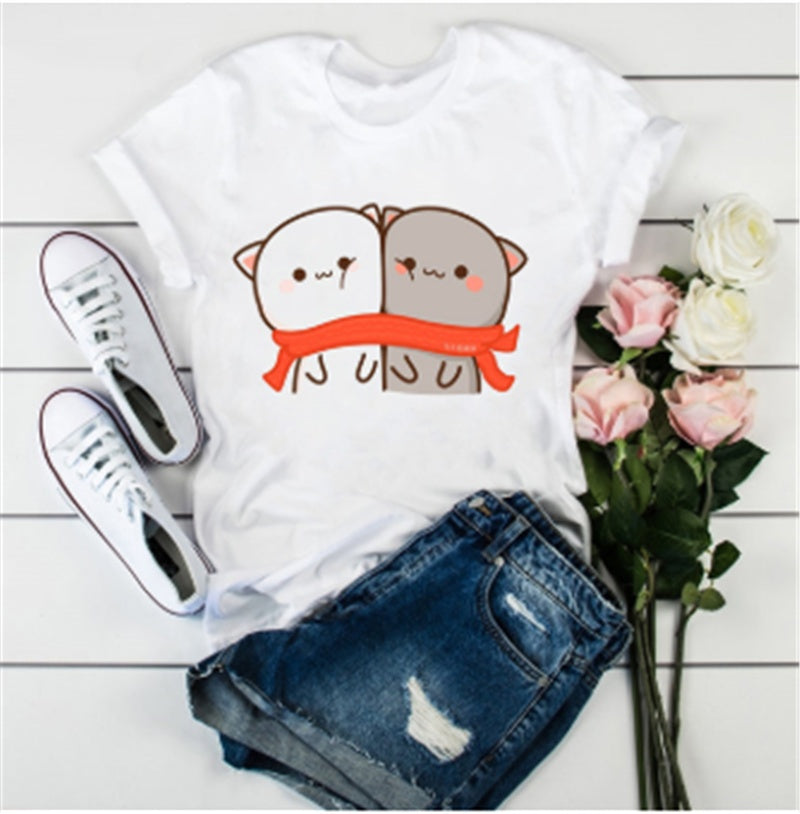 Cute Cat Cartoon Print Loose Casual Student T-shirt