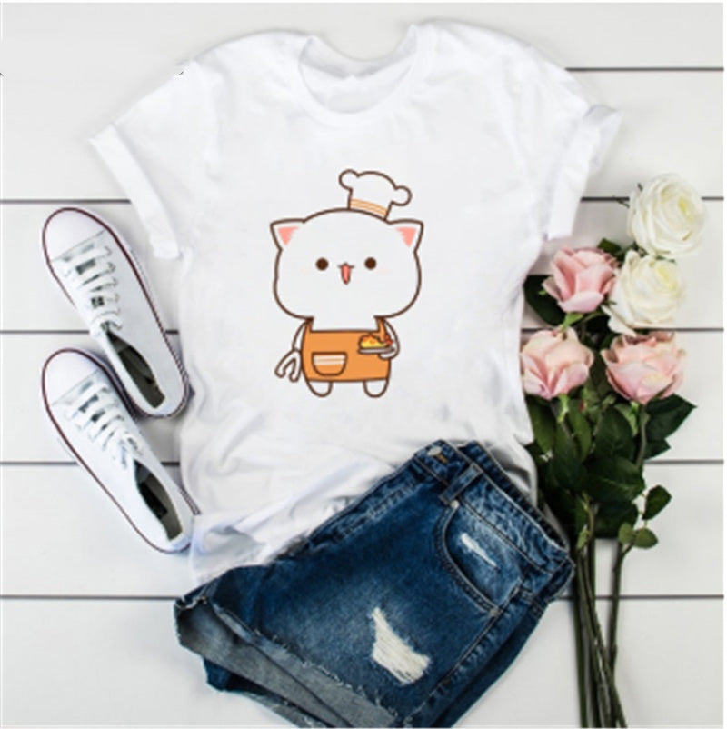 Cute Cat Cartoon Print Loose Casual Student T-shirt