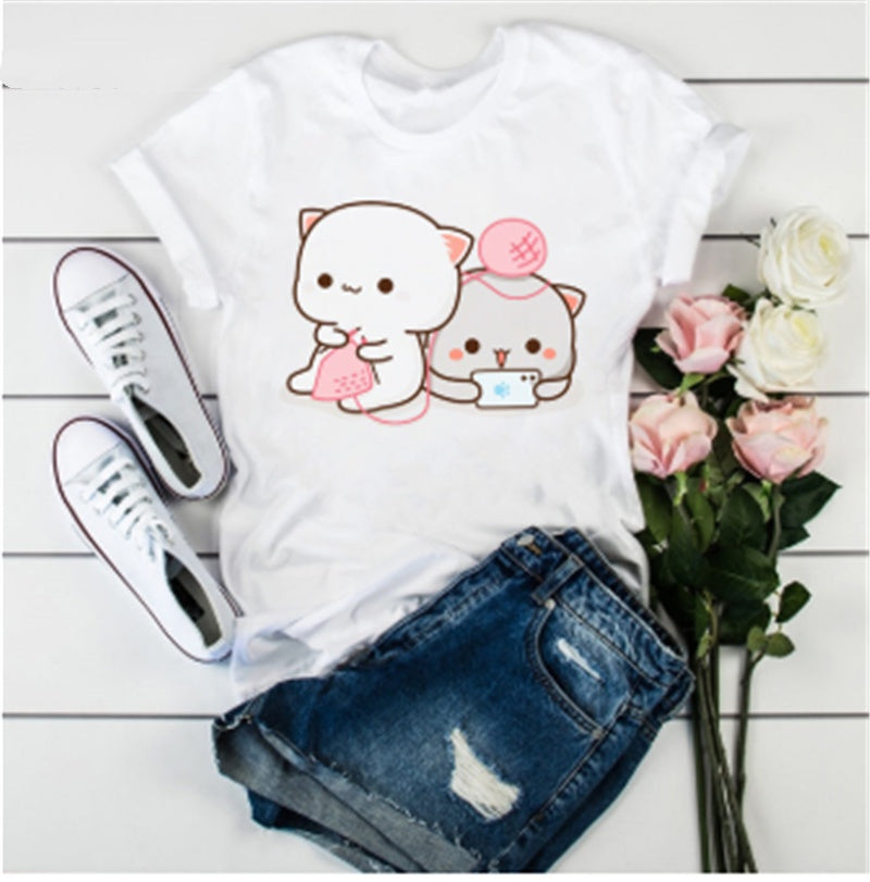 Cute Cat Cartoon Print Loose Casual Student T-shirt