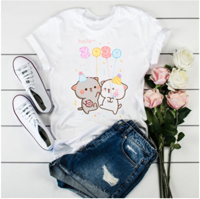 Cute Cat Cartoon Print Loose Casual Student T-shirt