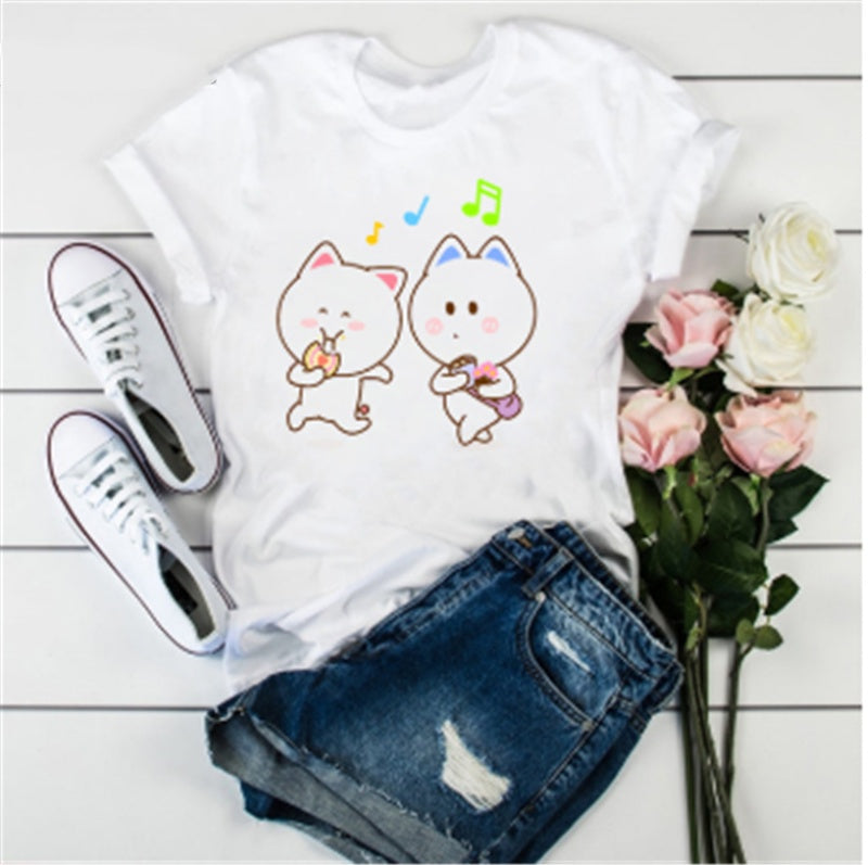 Cute Cat Cartoon Print Loose Casual Student T-shirt