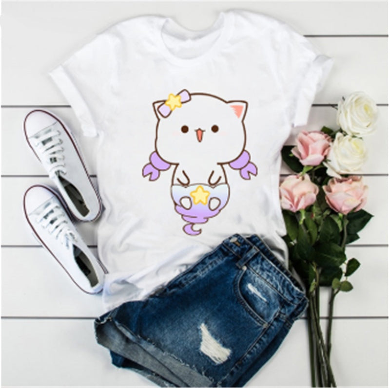 Cute Cat Cartoon Print Loose Casual Student T-shirt