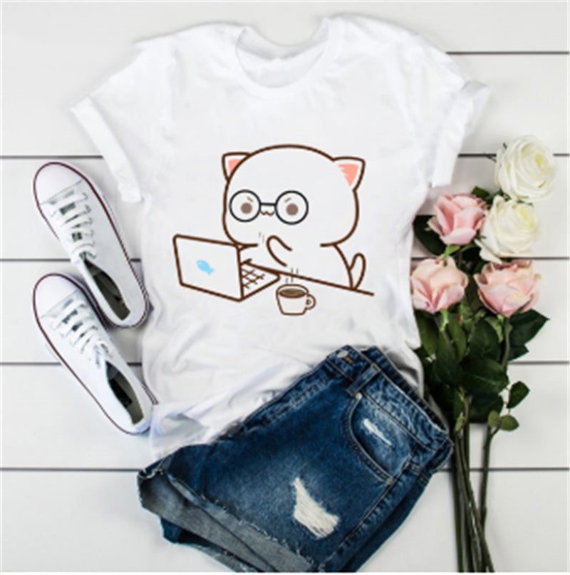 Cute Cat Cartoon Print Loose Casual Student T-shirt