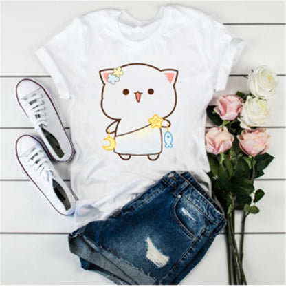 Cute Cat Cartoon Print Loose Casual Student T-shirt