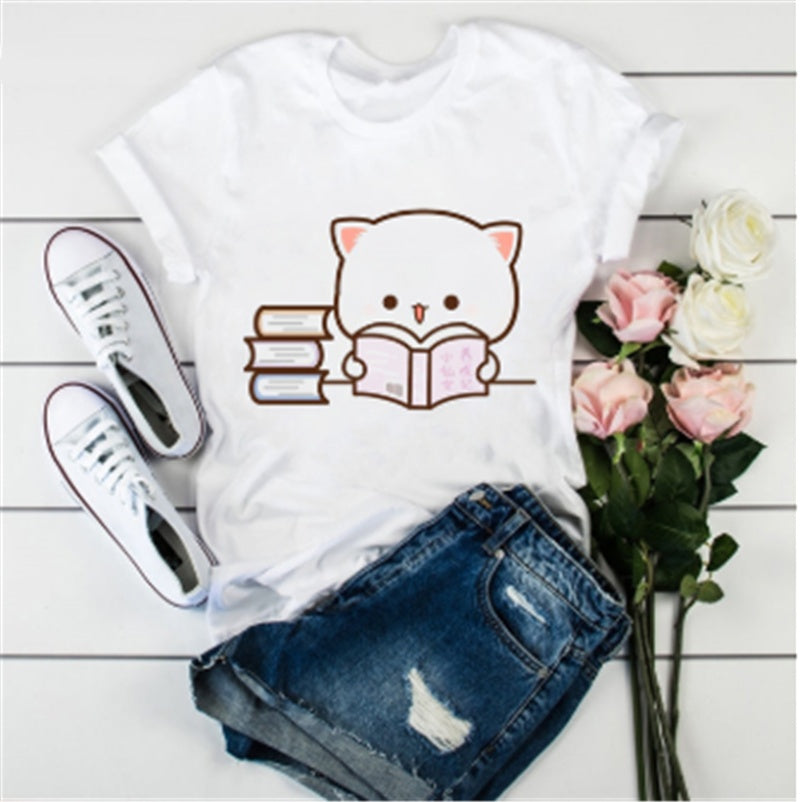 Cute Cat Cartoon Print Loose Casual Student T-shirt