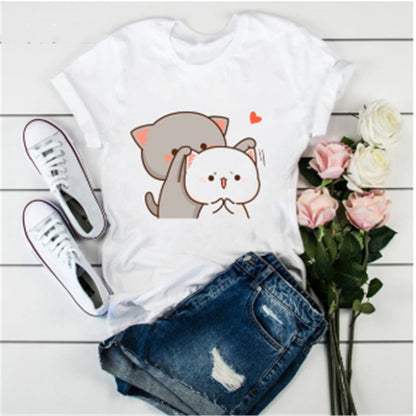 Cute Cat Cartoon Print Loose Casual Student T-shirt