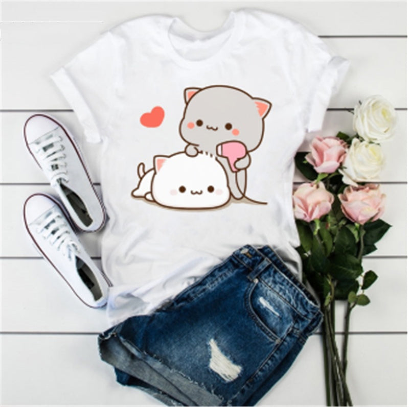 Cute Cat Cartoon Print Loose Casual Student T-shirt