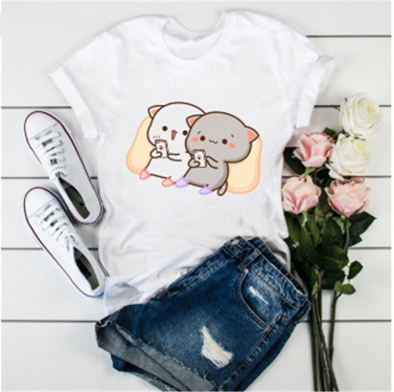 Cute Cat Cartoon Print Loose Casual Student T-shirt