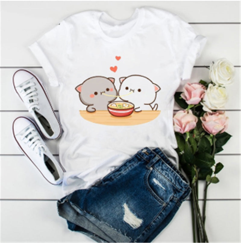 Cute Cat Cartoon Print Loose Casual Student T-shirt