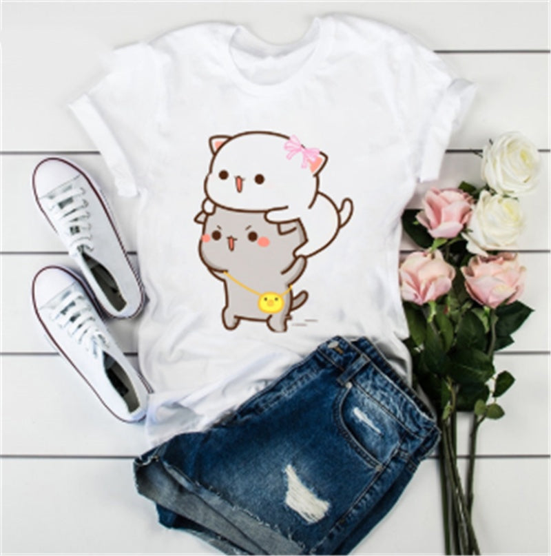 Cute Cat Cartoon Print Loose Casual Student T-shirt