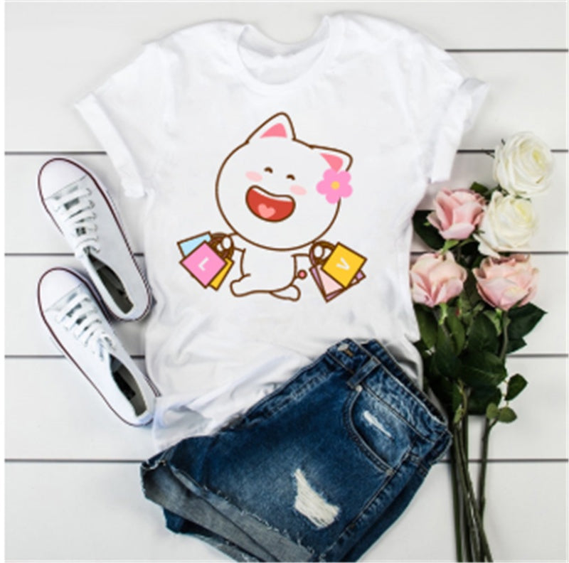 Cute Cat Cartoon Print Loose Casual Student T-shirt