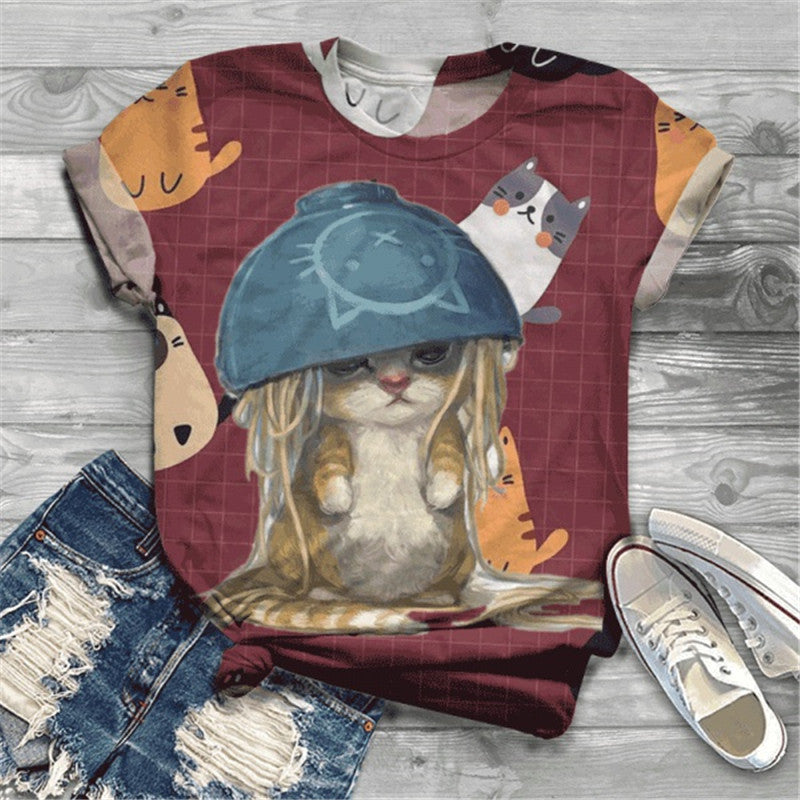 Digital Printing 3DT Shirt Cat Pet Cute Short Sleeve