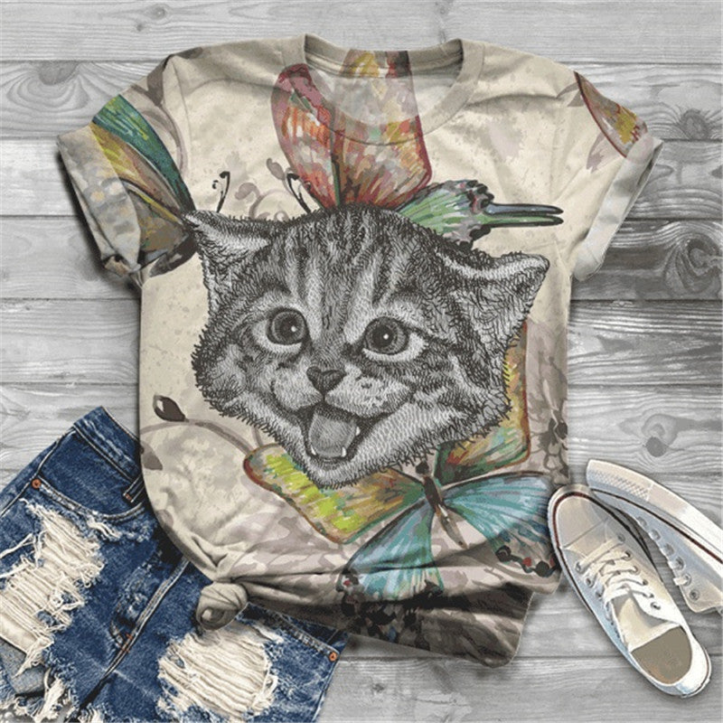 Digital Printing 3DT Shirt Cat Pet Cute Short Sleeve