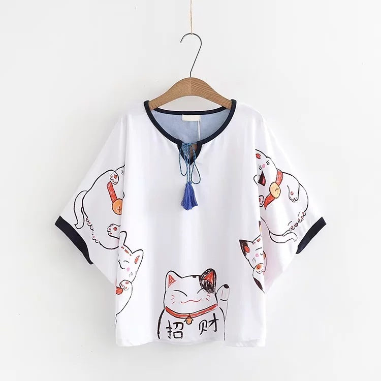 Women Cartoon Lucky Cat Print Japan Style Harajuku T Shirts